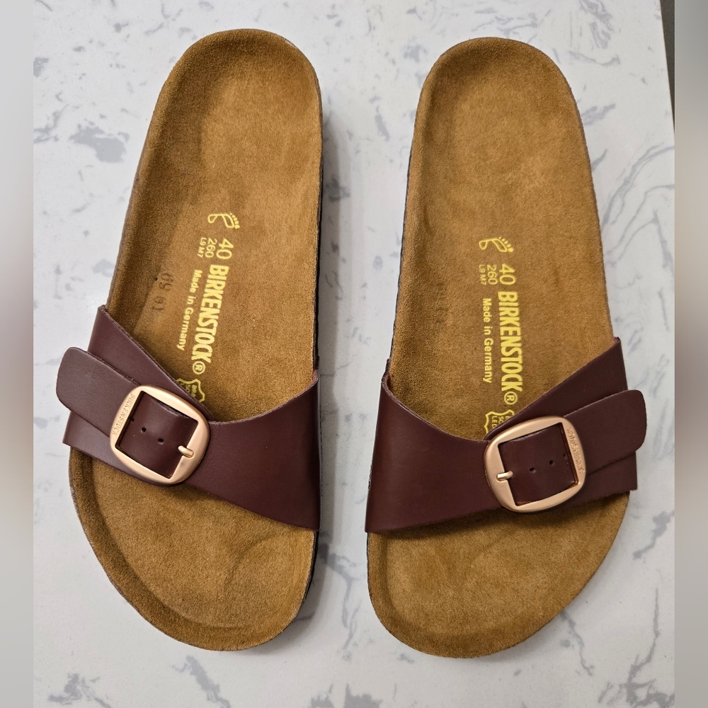 BIRKENSTOCK Slide Sandals with Gold Buckle